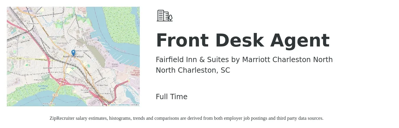 Fairfield Inn & Suites by Marriott Charleston North job posting for a Front Desk Agent in North Charleston, SC with a salary of $14 to $17 Hourly with a map of North Charleston location.