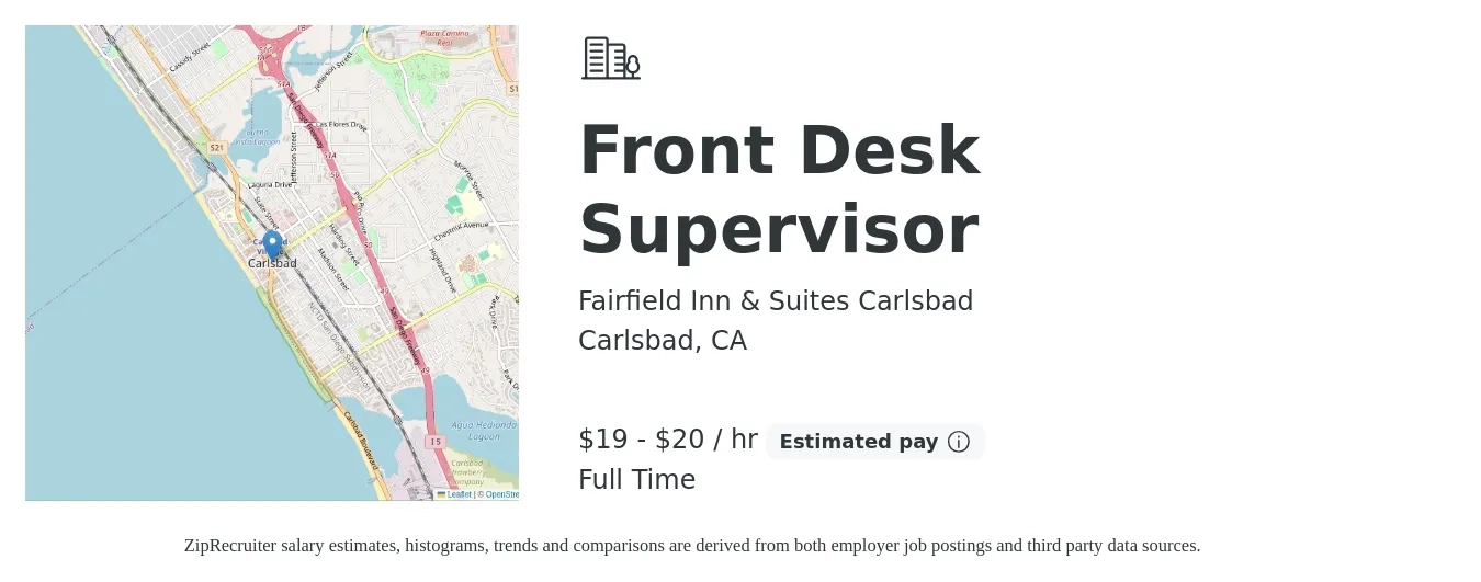 Fairfield Inn & Suites Carlsbad job posting for a Front Desk Supervisor in Carlsbad, CA with a salary of $18 to $23 Hourly with a map of Carlsbad location.