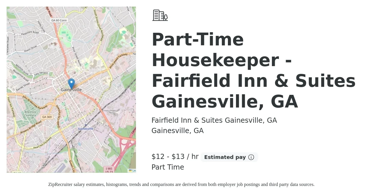 Fairfield Inn & Suites Gainesville, GA job posting for a Part-Time Housekeeper - Fairfield Inn & Suites Gainesville, GA in Gainesville, GA with a salary of $14 to $14 Hourly with a map of Gainesville location.