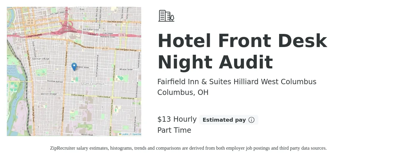 Fairfield Inn & Suites Hilliard West Columbus job posting for a Hotel Front Desk Night Audit in Columbus, OH with a salary of $14 Hourly with a map of Columbus location.