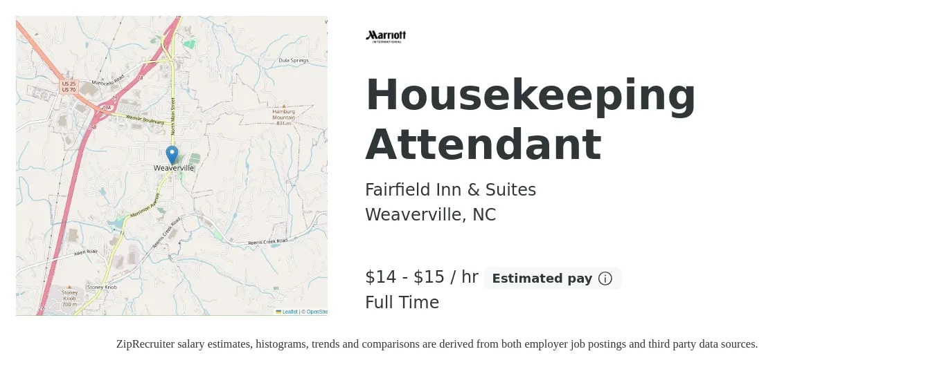 Fairfield Inn & Suites job posting for a Housekeeping Attendant in Weaverville, NC with a salary of $15 to $16 Hourly with a map of Weaverville location.