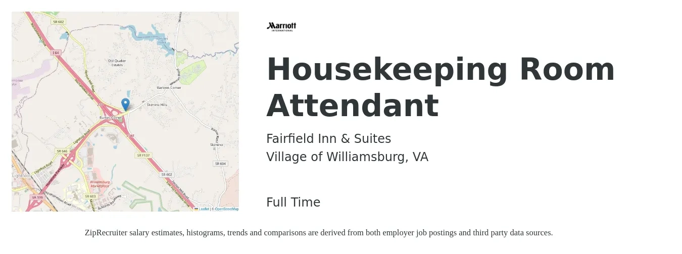 Fairfield Inn & Suites job posting for a Housekeeping Room Attendant in Village of Williamsburg, VA with a salary of $13 to $15 Hourly with a map of Village of Williamsburg location.