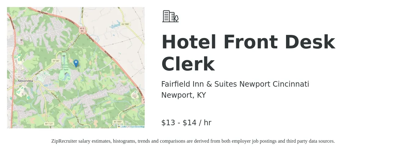 Fairfield Inn & Suites Newport Cincinnati job posting for a Hotel Front Desk Clerk in Newport, KY with a salary of $14 to $15 Hourly with a map of Newport location.