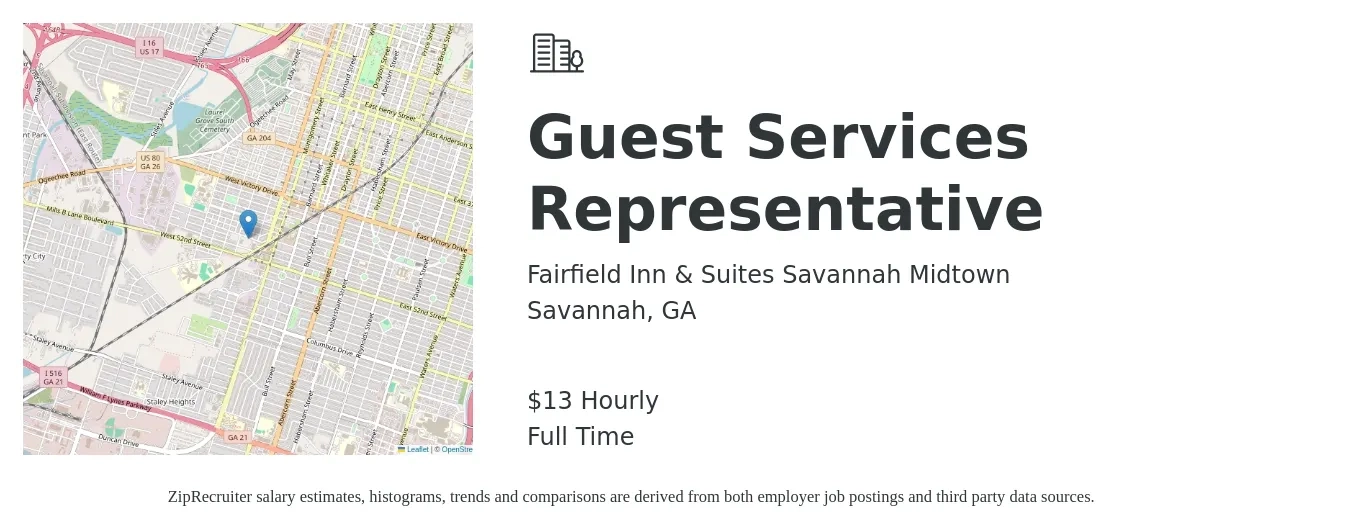 Fairfield Inn & Suites Savannah Midtown job posting for a Guest Services Representative in Savannah, GA with a salary of $14 to $14 Hourly with a map of Savannah location.
