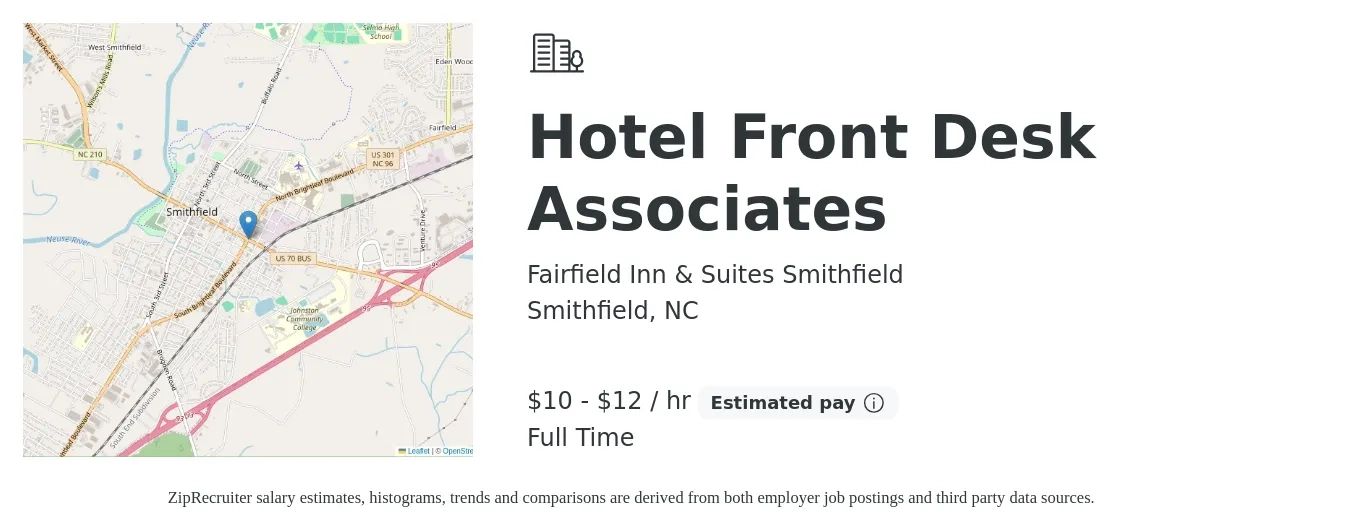 Fairfield Inn & Suites Smithfield job posting for a Hotel Front Desk Associates in Smithfield, NC with a salary of $11 to $13 Hourly with a map of Smithfield location.