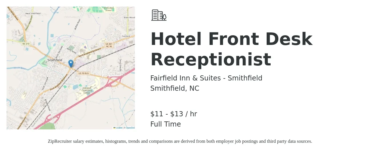Fairfield Inn & Suites - Smithfield job posting for a Hotel Front Desk Receptionist in Smithfield, NC with a salary of $12 to $14 Hourly with a map of Smithfield location.