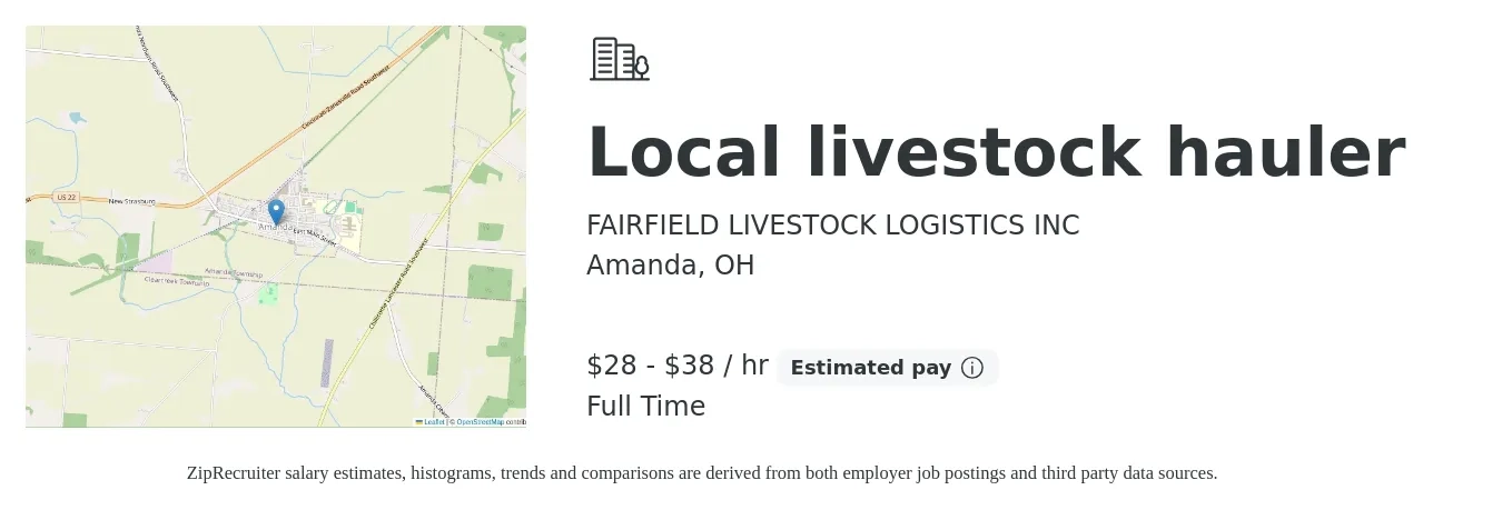 FAIRFIELD LIVESTOCK LOGISTICS INC job posting for a Local livestock hauler in Amanda, OH with a salary of $30 to $40 Hourly with a map of Amanda location.