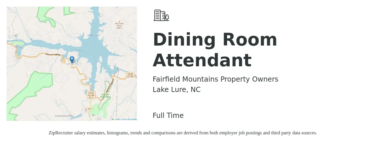 Fairfield Mountains Property Owners job posting for a Dining Room Attendant in Lake Lure, NC with a salary of $12 to $15 Hourly with a map of Lake Lure location.