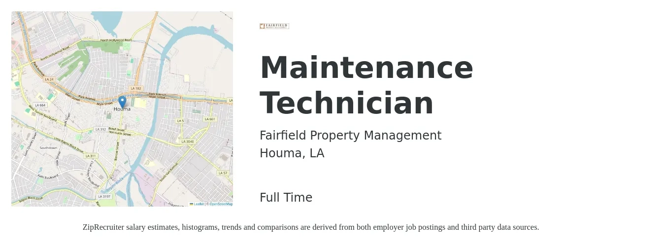 Fairfield Property Management job posting for a Maintenance Technician in Houma, LA with a salary of $18 to $26 Hourly with a map of Houma location.