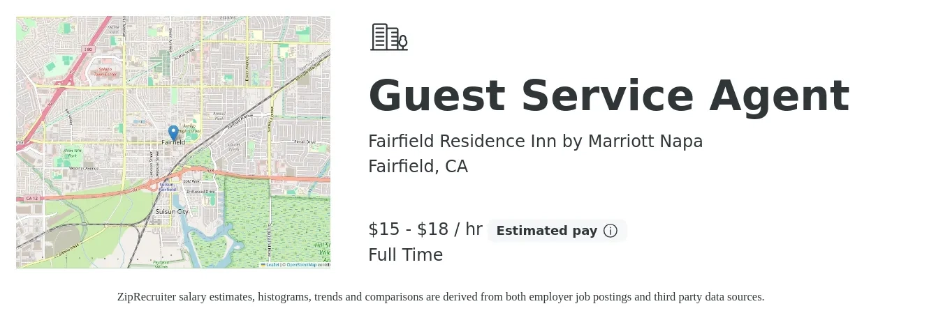 Fairfield Residence Inn by Marriott Napa job posting for a Guest Service Agent in Fairfield, CA with a salary of $16 to $19 Hourly with a map of Fairfield location.