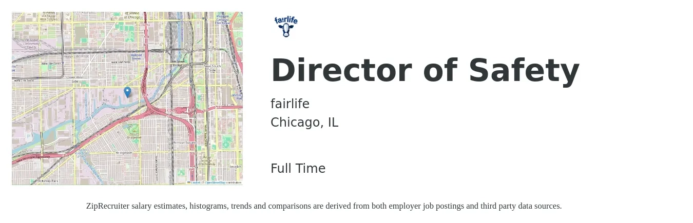 fairlife job posting for a Director of Safety in Chicago, IL with a salary of $90,100 to $141,100 Yearly with a map of Chicago location.