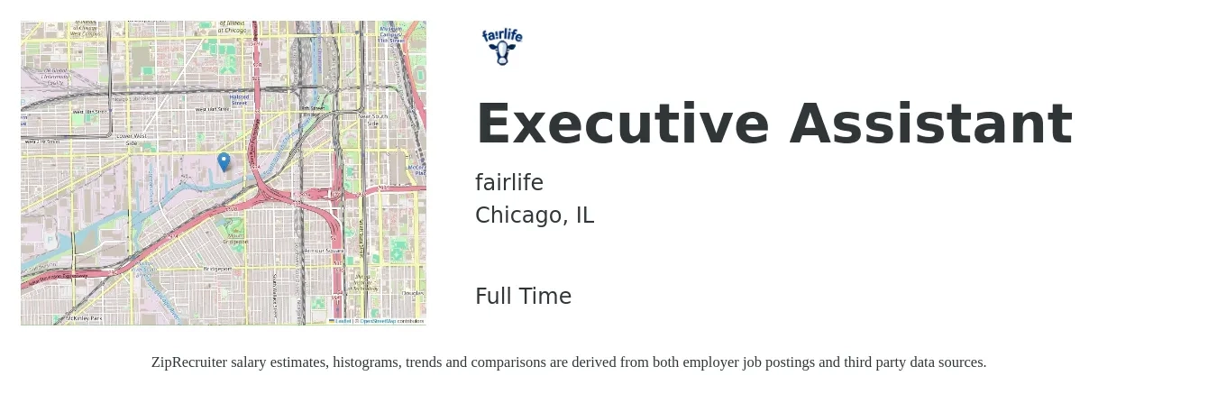fairlife job posting for a Executive Assistant in Chicago, IL with a salary of $51,500 to $77,300 Yearly with a map of Chicago location.