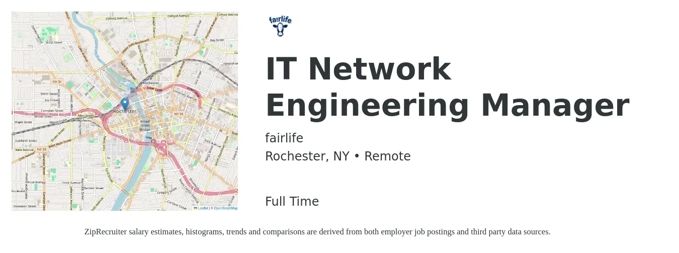 fairlife job posting for a IT Network Engineering Manager in Rochester, NY with a salary of $79,400 to $126,300 Yearly with a map of Rochester location.