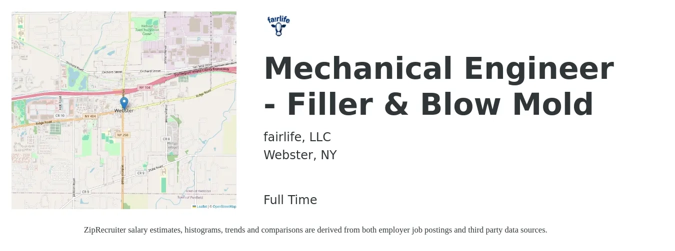 fairlife job posting for a Mechanical Engineer - Filler & Blow Mold in Webster, NY with a salary of $26 to $36 Hourly with a map of Webster location.