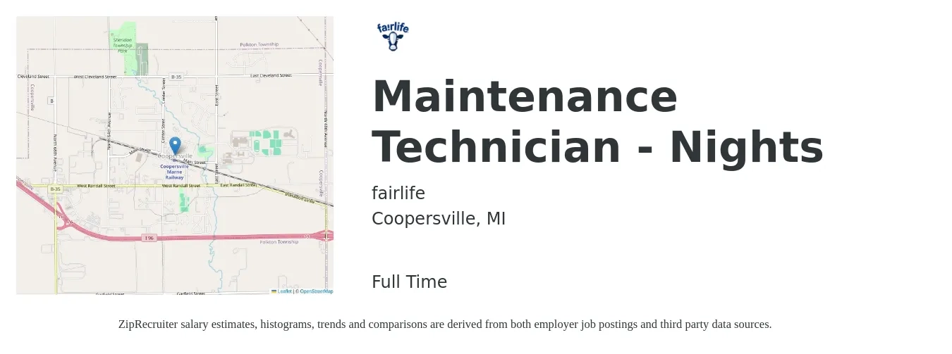 fairlife job posting for a Maintenance Technician - Nights in Coopersville, MI with a salary of $19 to $26 Hourly with a map of Coopersville location.