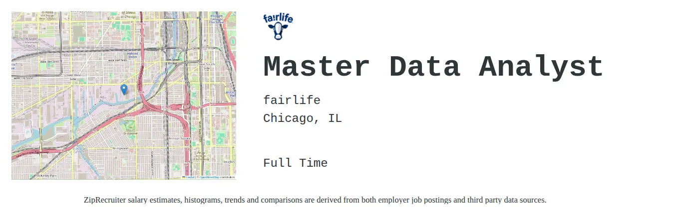 fairlife job posting for a Master Data Analyst in Chicago, IL with a salary of $10,000 Monthly and benefits including Medical, Vision, Dental, PTO, Life, and Retirement with a map of Chicago location.
