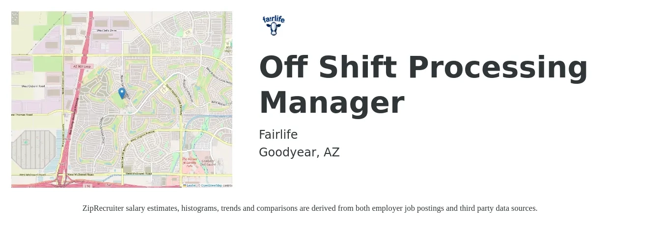 fairlife job posting for a Off Shift Processing Manager in Goodyear, AZ with a salary of $68,900 to $126,500 Yearly with a map of Goodyear location.