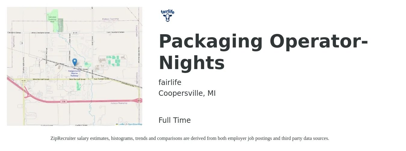 fairlife job posting for a Packaging Operator- Nights in Coopersville, MI with a salary of $16 to $20 Hourly with a map of Coopersville location.
