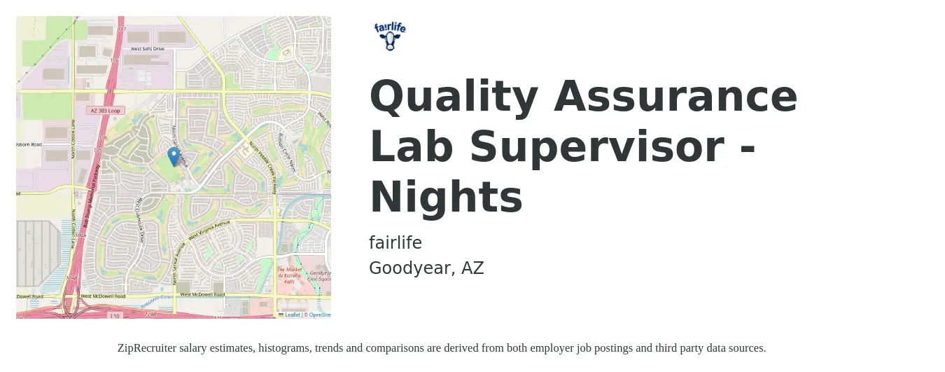 fairlife job posting for a Quality Assurance Lab Supervisor - Nights in Goodyear, AZ with a salary of $81,100 to $141,200 Yearly with a map of Goodyear location.
