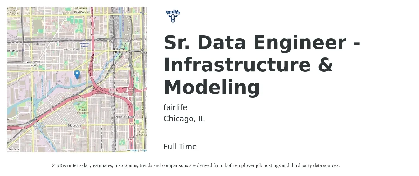 fairlife job posting for a Sr. Data Engineer - Infrastructure & Modeling in Chicago, IL with a salary of $118,000 to $141,600 Yearly with a map of Chicago location.