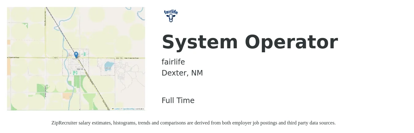fairlife job posting for a System Operator in Dexter, NM with a salary of $20 to $39 Hourly with a map of Dexter location.