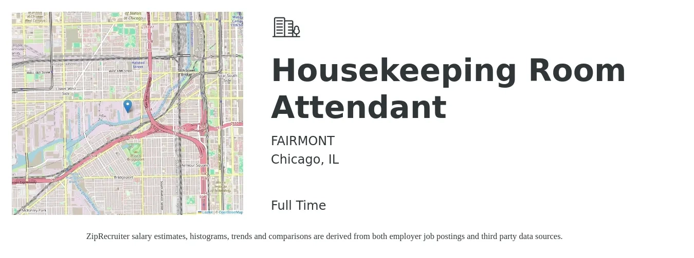 FAIRMONT job posting for a Housekeeping Room Attendant in Chicago, IL with a salary of $14 to $17 Hourly with a map of Chicago location.