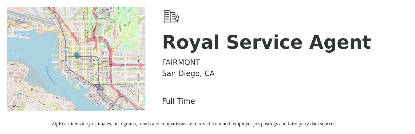 FAIRMONT job posting for a Royal Service Agent in San Diego, CA with a salary of $20 Hourly with a map of San Diego location.