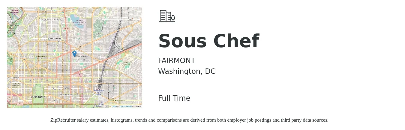FAIRMONT job posting for a Sous Chef in Washington, DC with a salary of $56,600 to $76,400 Yearly with a map of Washington location.