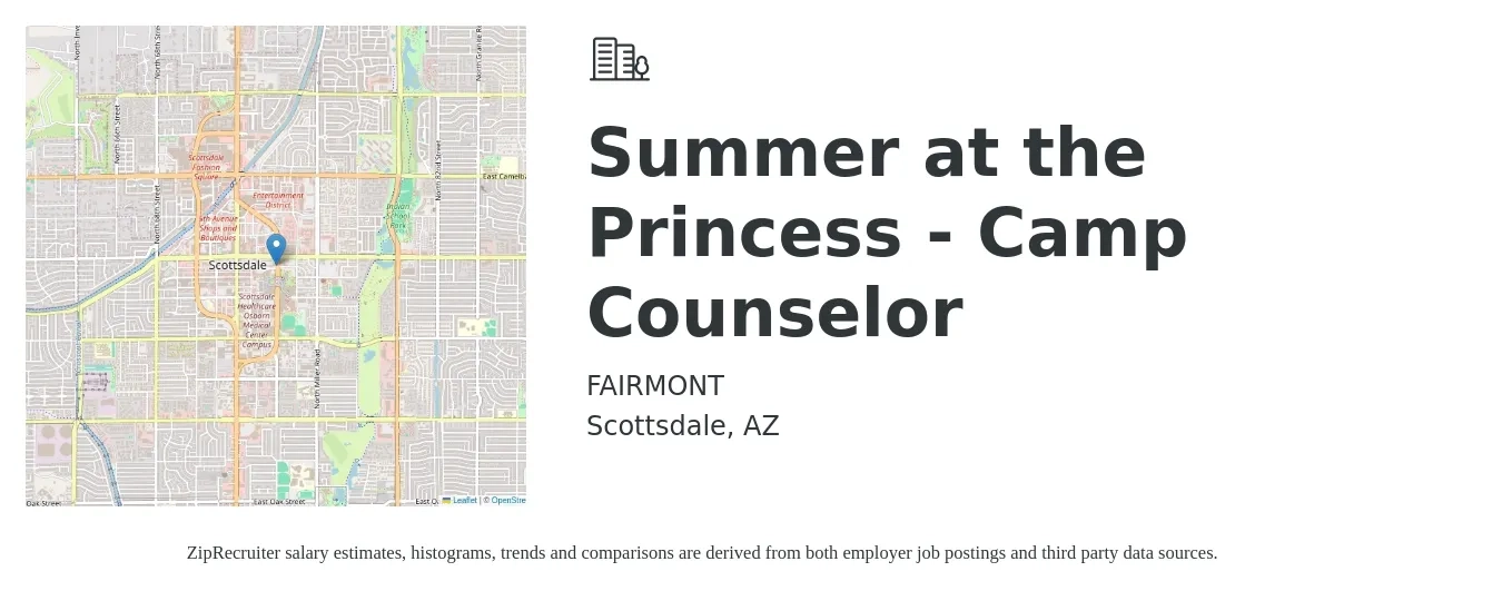 FAIRMONT job posting for a Summer at the Princess - Camp Counselor in Scottsdale, AZ with a salary of $14 to $18 Hourly with a map of Scottsdale location.