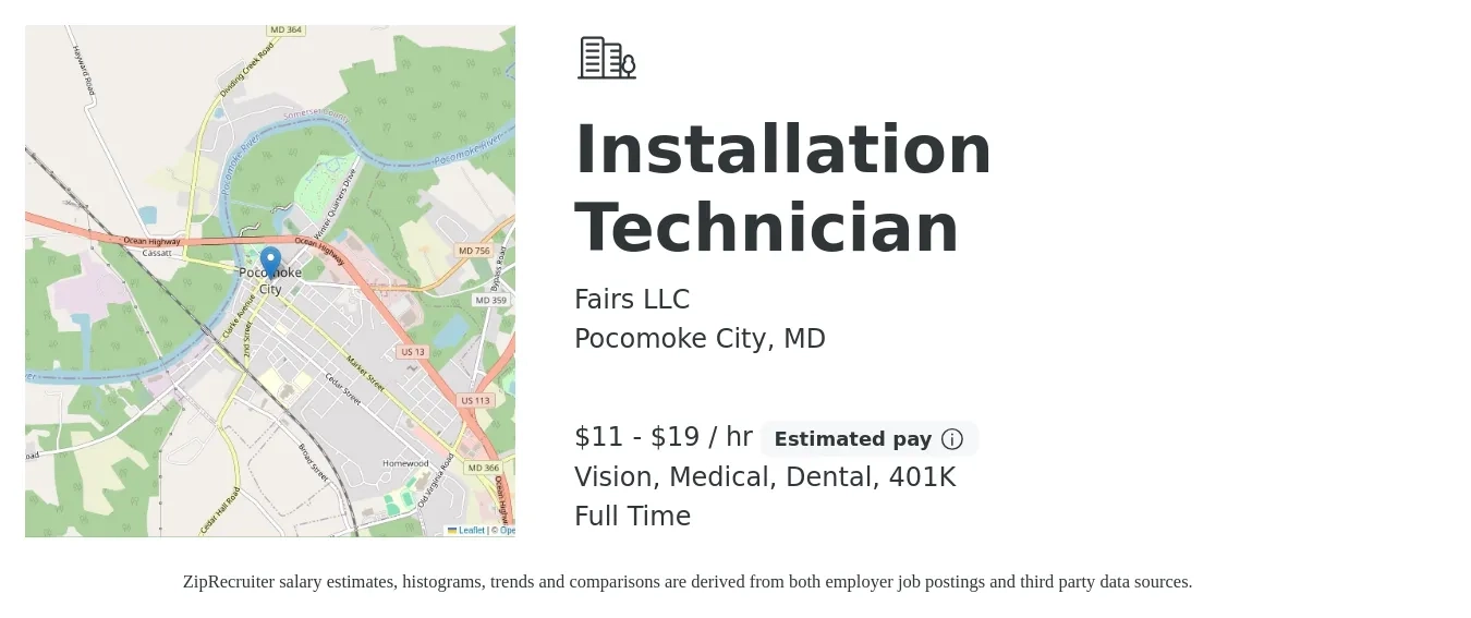 Fairs LLC job posting for a Installation Technician in Pocomoke City, MD with a salary of $12 to $20 Hourly and benefits including 401k, dental, medical, and vision with a map of Pocomoke City location.