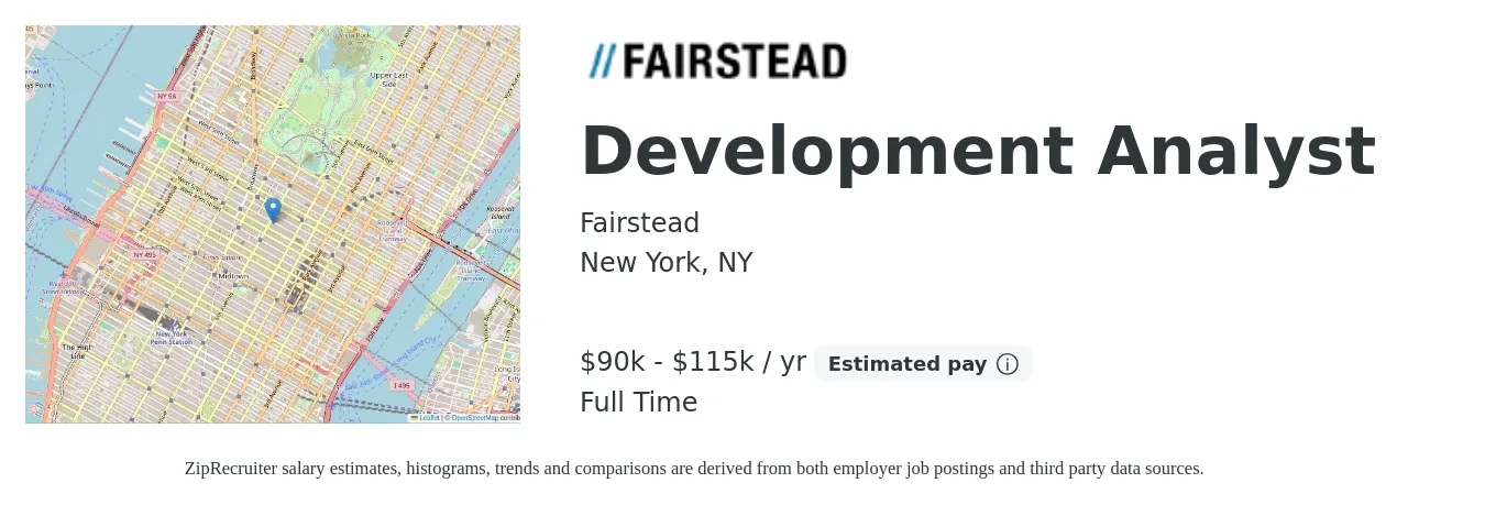 Fairstead job posting for a Development Analyst in New York, NY with a salary of $90,000 to $115,000 Yearly with a map of New York location.