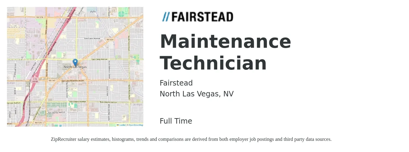 Fairstead job posting for a Maintenance Technician in North Las Vegas, NV with a salary of $18 to $25 Hourly with a map of North Las Vegas location.