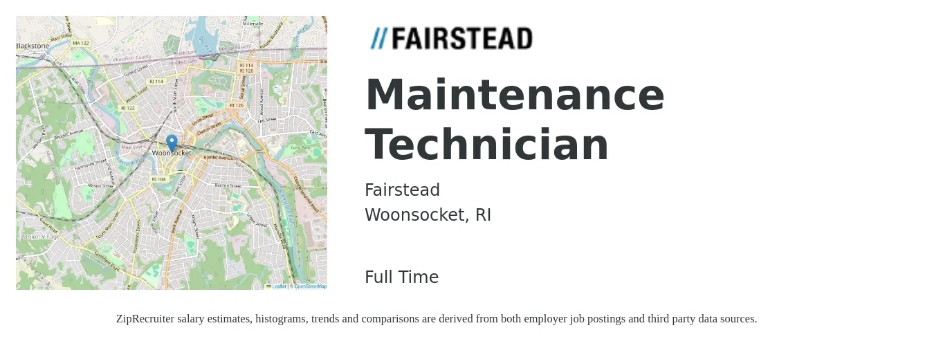 Fairstead job posting for a Maintenance Technician in Woonsocket, RI with a salary of $18 to $26 Hourly with a map of Woonsocket location.