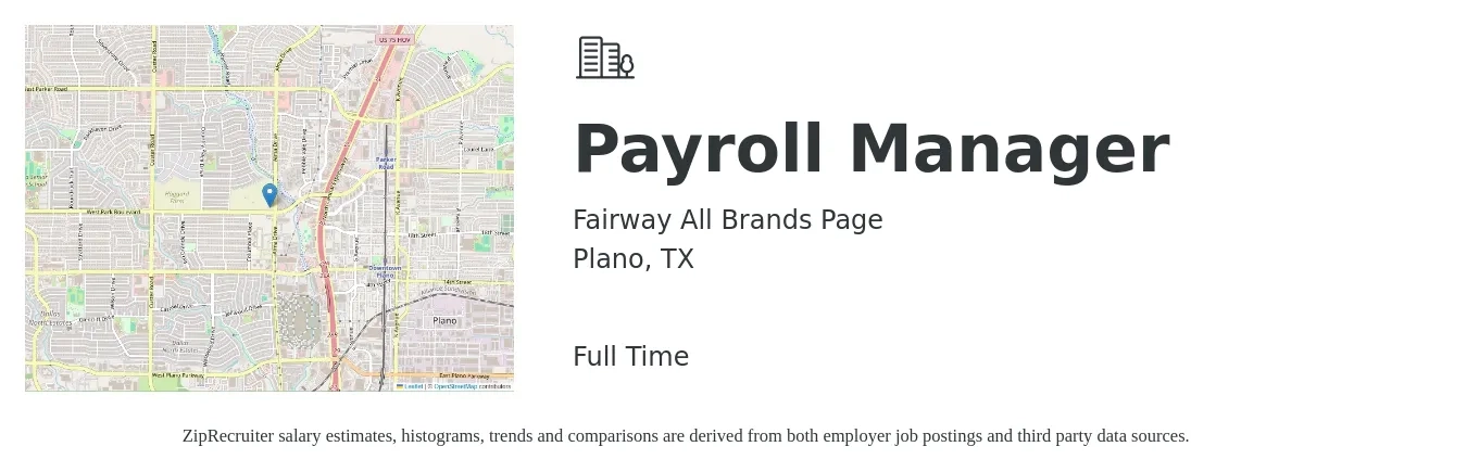 Fairway All Brands Page job posting for a Payroll Manager in Plano, TX with a salary of $66,300 to $97,200 Yearly with a map of Plano location.