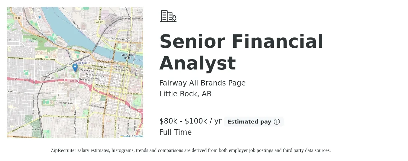 Fairway All Brands Page job posting for a Senior Financial Analyst in Little Rock, AR with a salary of $80,000 to $100,000 Yearly with a map of Little Rock location.