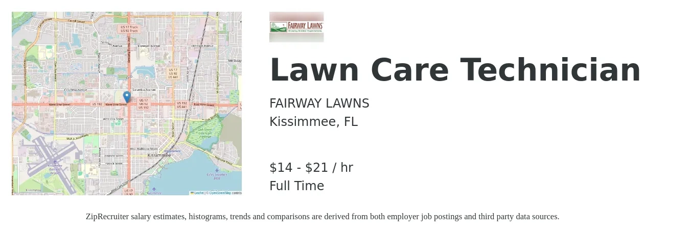 FAIRWAY LAWNS job posting for a Lawn Care Technician in Kissimmee, FL with a salary of $15 to $22 Hourly with a map of Kissimmee location.