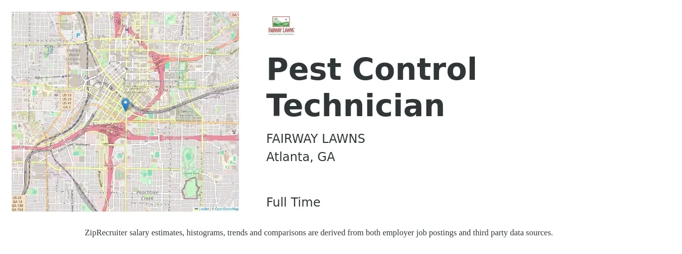 FAIRWAY LAWNS job posting for a Pest Control Technician in Atlanta, GA with a salary of $20 to $23 Hourly with a map of Atlanta location.