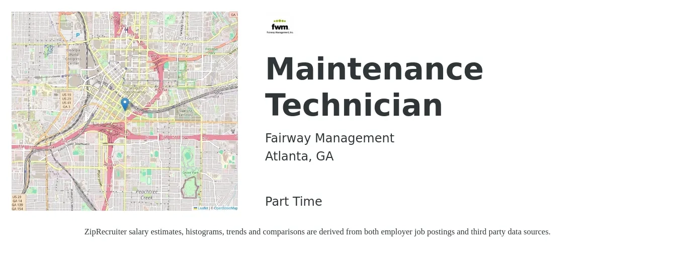 Fairway Management job posting for a Maintenance Technician in Atlanta, GA with a salary of $18 to $26 Hourly with a map of Atlanta location.