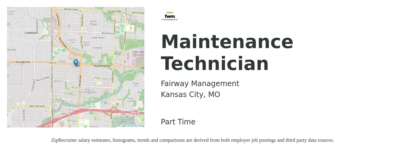 Fairway Management job posting for a Maintenance Technician in Kansas City, MO with a salary of $19 to $26 Hourly with a map of Kansas City location.