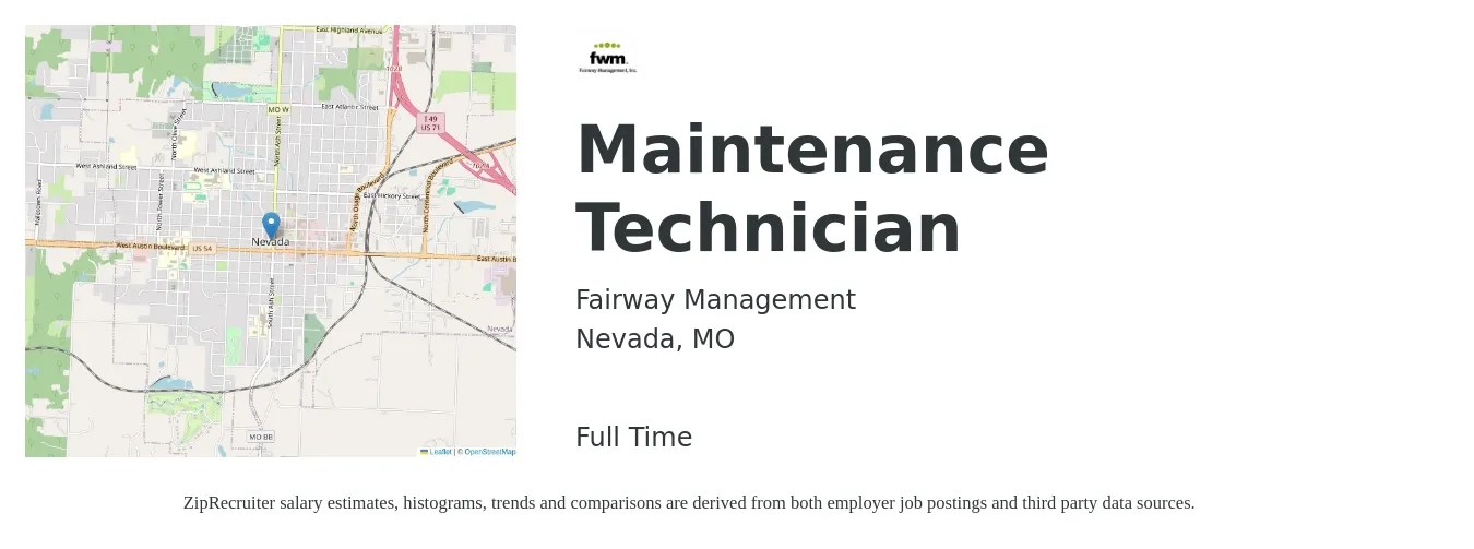 Fairway Management job posting for a Maintenance Technician in Nevada, MO with a salary of $17 to $23 Hourly with a map of Nevada location.