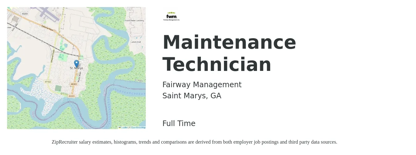 Fairway Management job posting for a Maintenance Technician in Saint Marys, GA with a salary of $18 to $25 Hourly with a map of Saint Marys location.