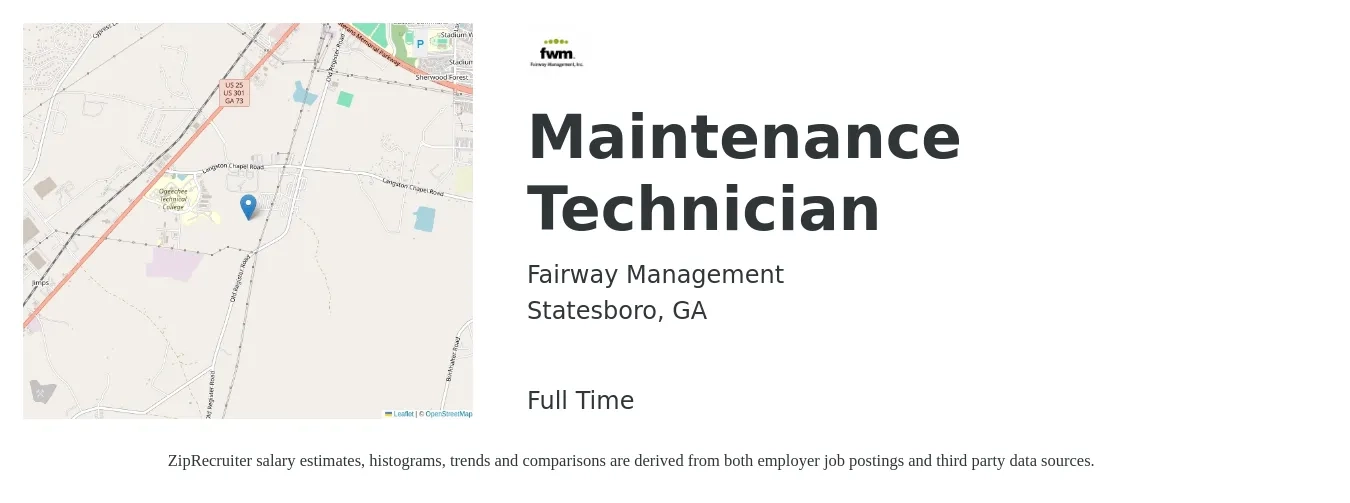 Fairway Management job posting for a Maintenance Technician in Statesboro, GA with a salary of $16 to $23 Hourly with a map of Statesboro location.