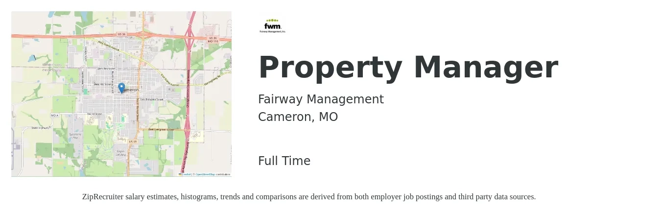 Fairway Management job posting for a Property Manager in Cameron, MO with a salary of $41,700 to $64,500 Yearly with a map of Cameron location.