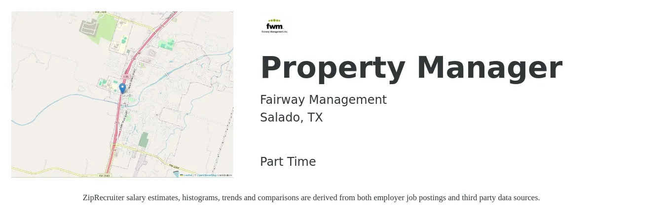 Fairway Management job posting for a Property Manager in Salado, TX with a salary of $39,100 to $60,500 Yearly with a map of Salado location.