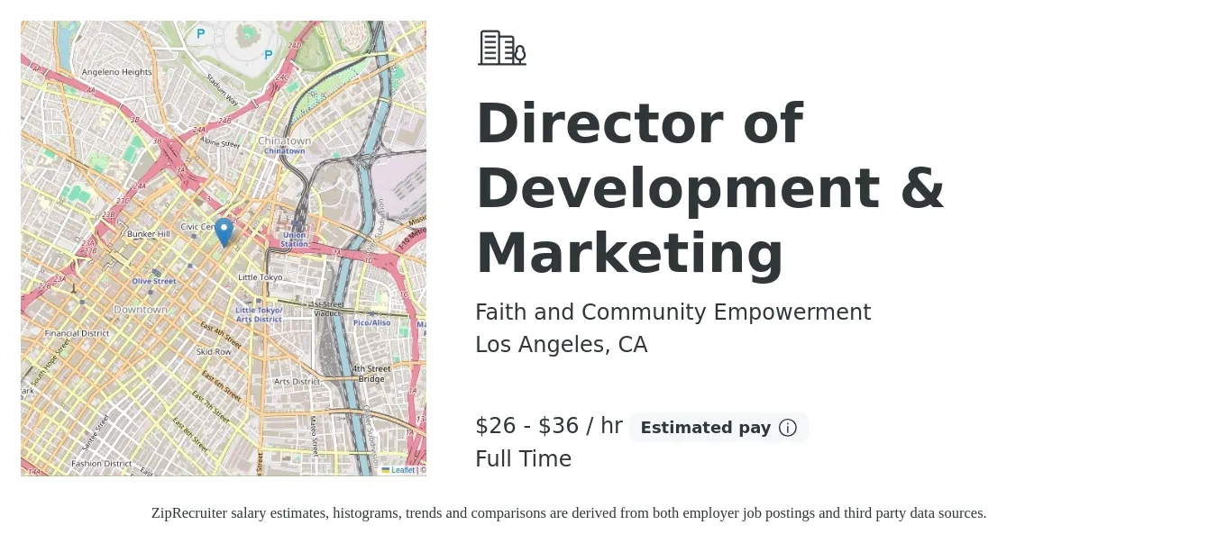 Faith and Community Empowerment job posting for a Director of Development & Marketing in Los Angeles, CA with a salary of $28 to $38 Hourly with a map of Los Angeles location.