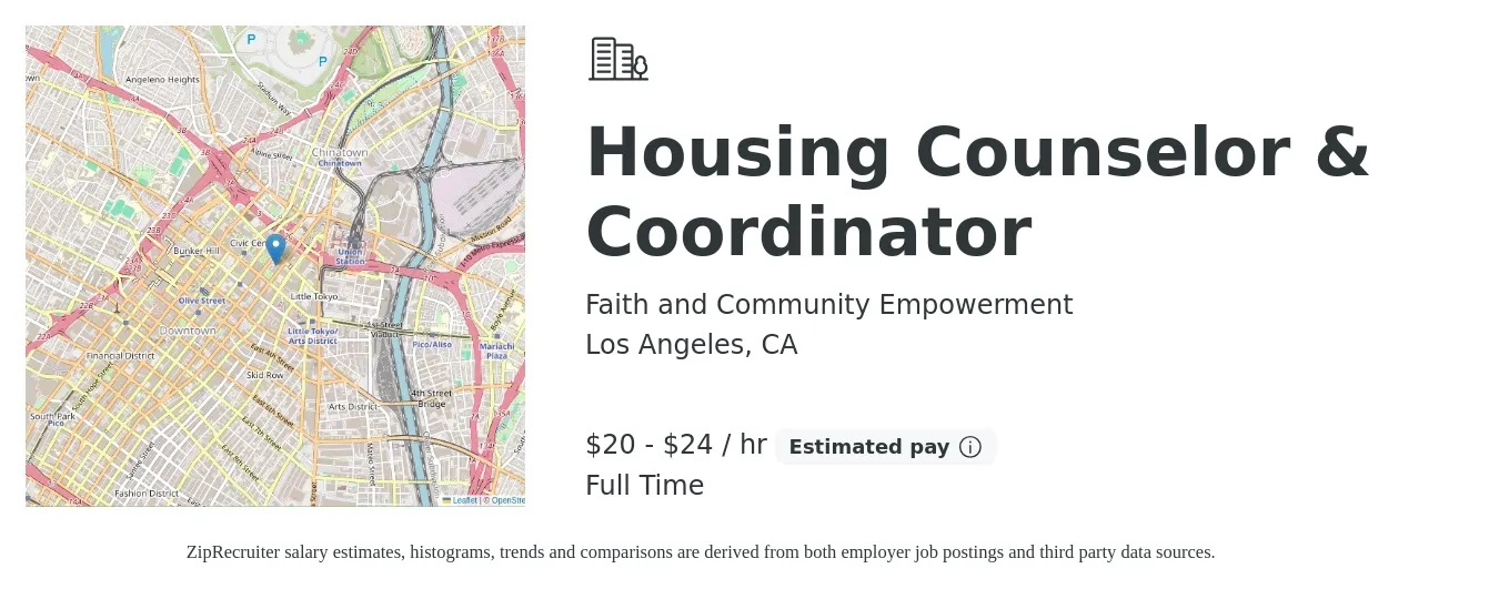 Faith and Community Empowerment job posting for a Housing Counselor & Coordinator in Los Angeles, CA with a salary of $21 to $25 Hourly with a map of Los Angeles location.