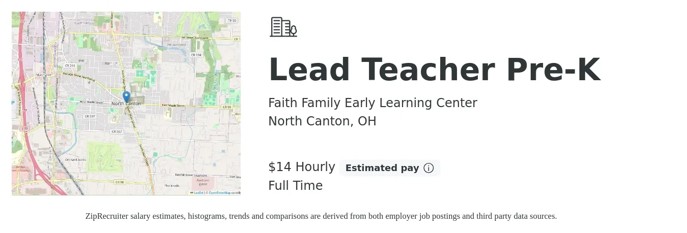 Faith Family Early Learning Center job posting for a Lead Teacher Pre-K in North Canton, OH with a salary of $15 Hourly with a map of North Canton location.