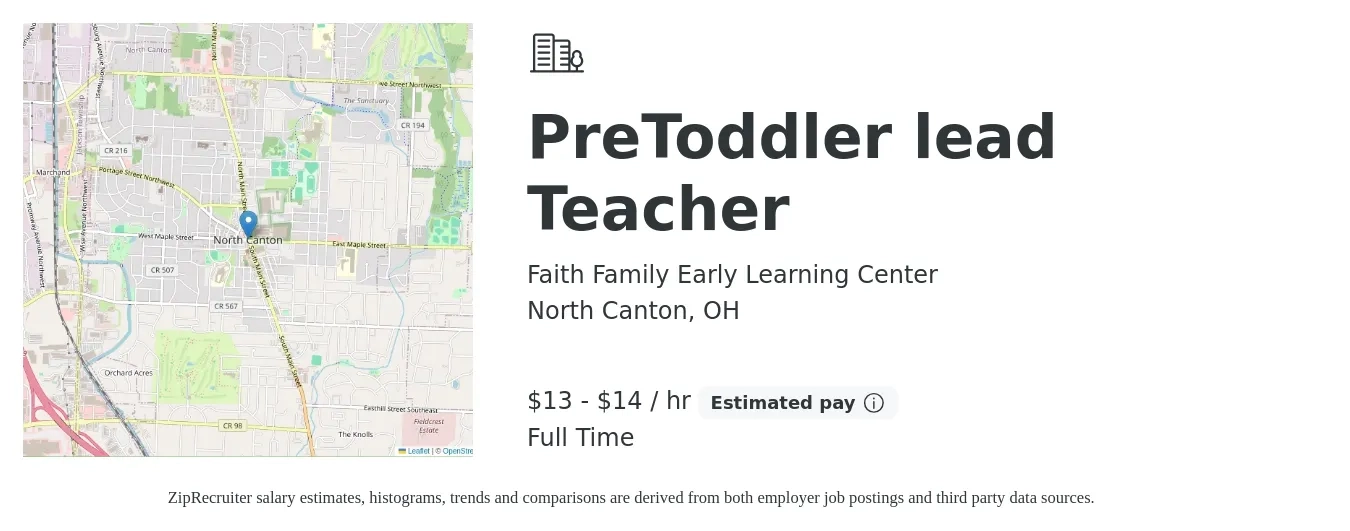 Faith Family Early Learning Center job posting for a PreToddler lead Teacher in North Canton, OH with a salary of $14 to $15 Hourly with a map of North Canton location.