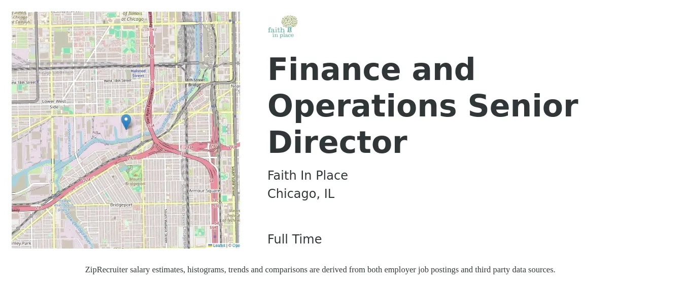 Faith In Place job posting for a Finance and Operations Senior Director in Chicago, IL with a salary of $90,000 to $110,000 Yearly with a map of Chicago location.