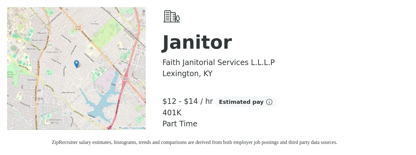 Faith Janitorial Services L.L.L.P job posting for a Janitor in Lexington, KY with a salary of $13 to $15 Hourly and benefits including 401k with a map of Lexington location.